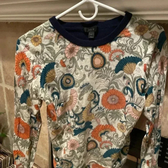 J.Crew VTG Paisley Floral Merino Wool Contrast back Long Sleeve Crew neck Size L - Picture 1 of 10